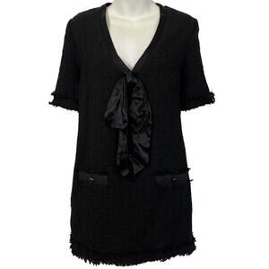 Zara Woman Black Tweed V-Neck Mini Whimsigoth Preppy Short Sleeve Dress sz S